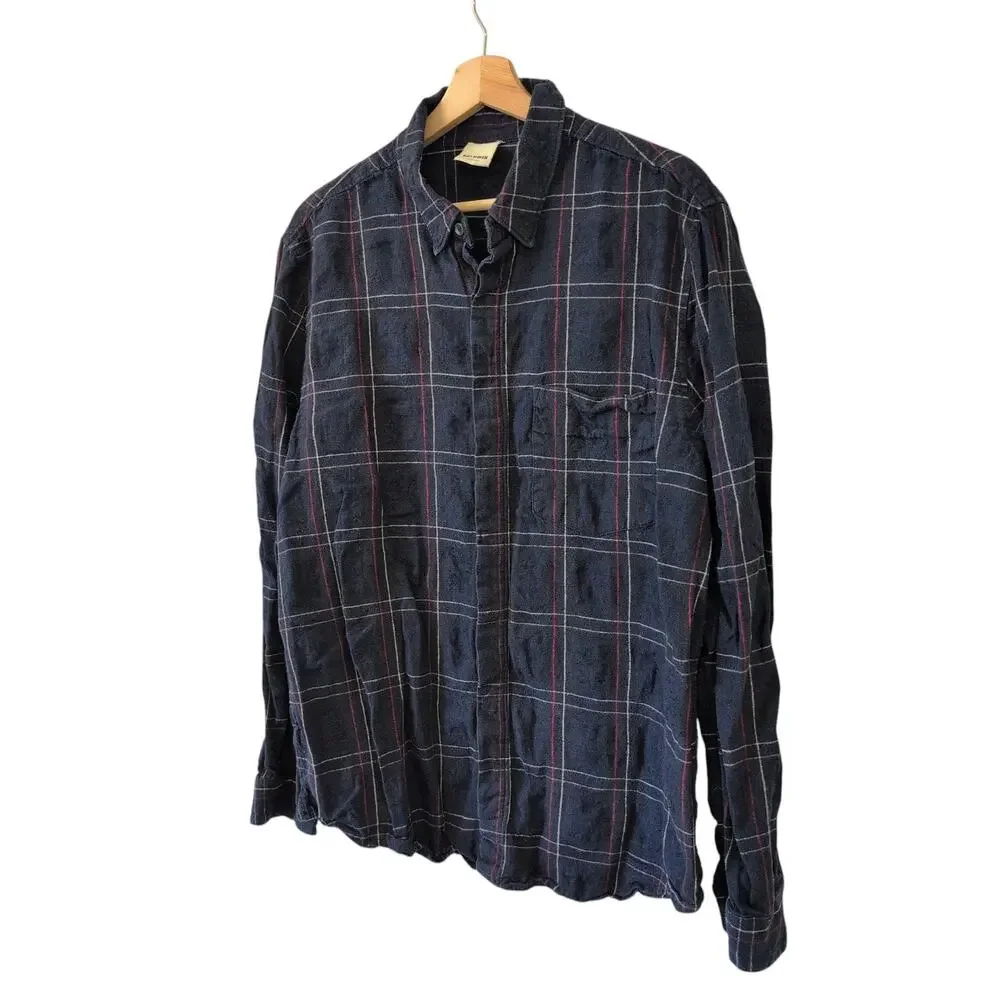 Baldwin Kansas City Flannel Shirt Linen Cotton Del Norte Navy Blue Plaid Mens XL